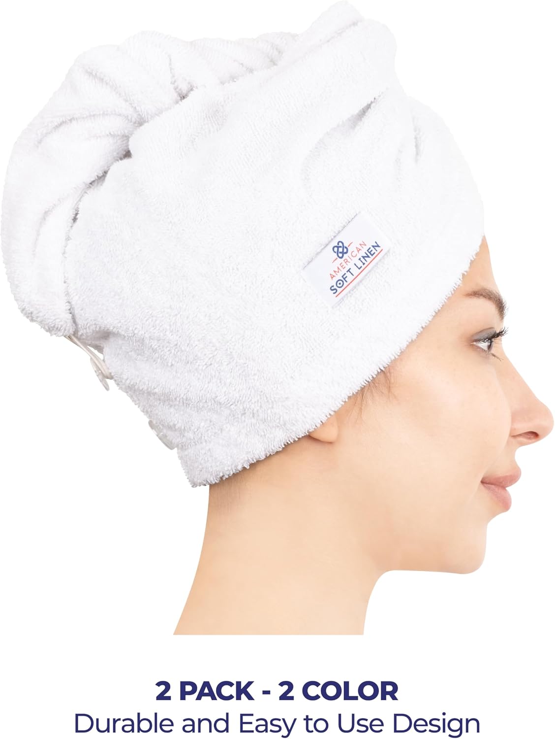 American Soft Linen 100% Cotton Hair Towels for Women, Head Towel Cap, Cotton Hair Turban Towel Wrap for Long Curly Anti Frizz Hair, Soft and Absorbent Cotton Hair Towels 2 Pack, White