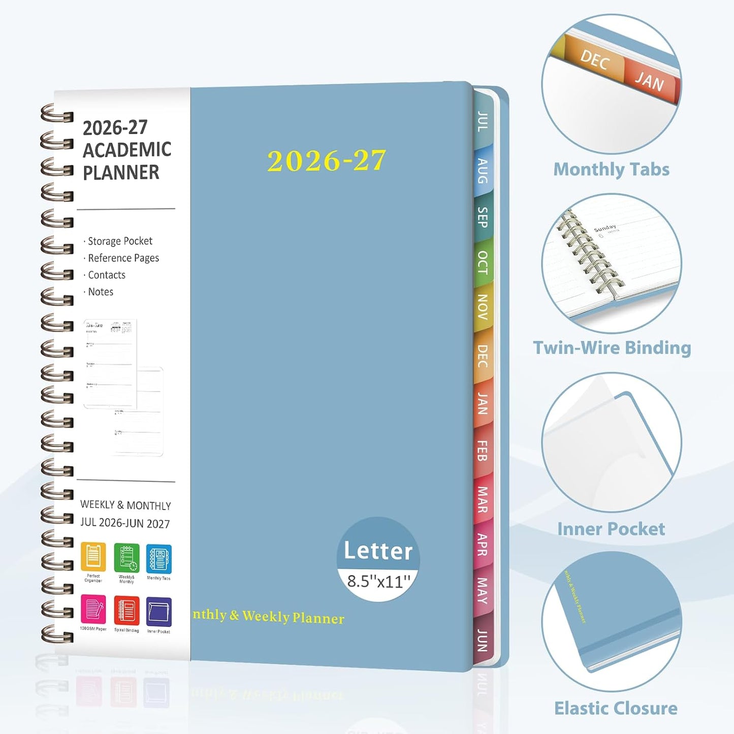 Planner 2026-2027, Weekly and Monthly Calendar Planner, JUL 2026 - JUN 2027 | Academic Year, Daily Agenda Book, A5(6.3'' x 8.5''), Sprial Bound, Inner Pocket, Office School Use