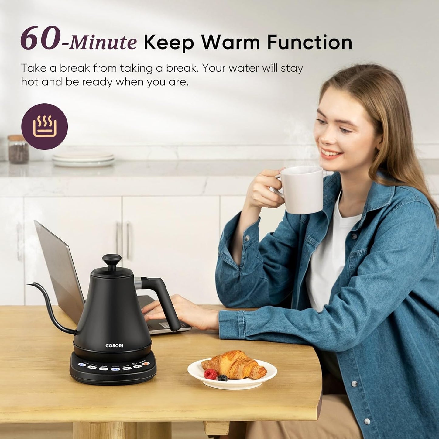 Cosori Electric Gooseneck Kettle Smart Bluetooth with Variable Temperature Control, Pour Over Coffee & Tea, 100% Stainless Steel Inner Lid & Bottom, Quick Heating, Matte Black