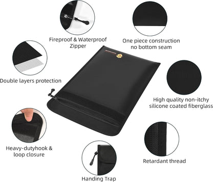 3 Pcs Fireproof Waterproof Document Bag(2000℉), Fire and Water Resistant Safe Zipper Storage Organizer Pouch for A4 A5 Documents Holder, Cash, Passport, Tablet, Laptop, File, Jewelry,(Black)