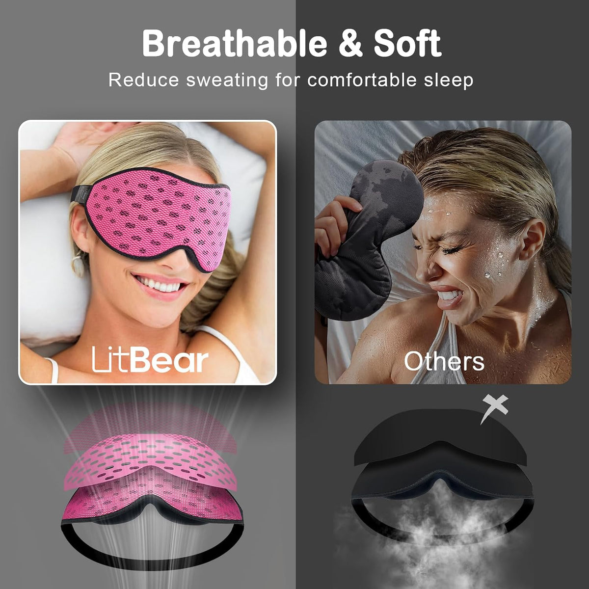 LitBear Breathable Sleep Mask, 3D Eye Mask Sleep for Side Sleeper Women Men