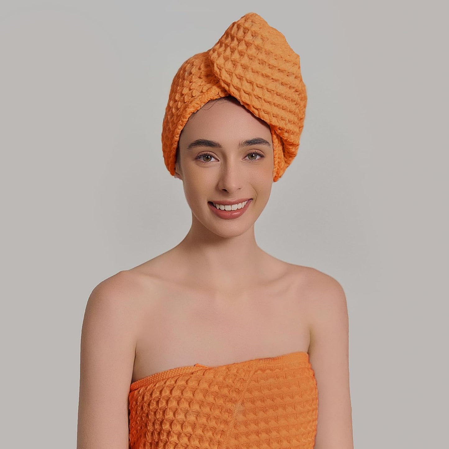 Luxury Organic Japanese Cotton Hair Drying Waffle Towel Wrap for Women | Absorbent, Quick-Dry Head Turban for Shower, Sauna, Spa | Extra Large for Long, Curly, Straight Hair With Button (White, 1 Pc)