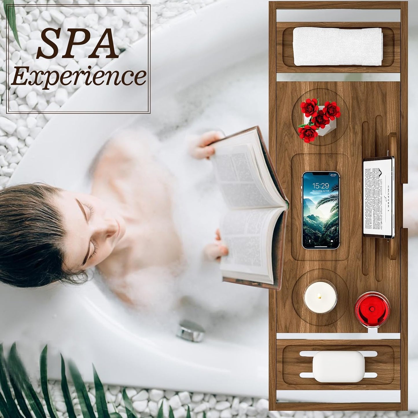 Premium Bamboo Bathtub Tray Caddy - Bath Tub Tray Table for Bathtub - Bath Caddy Tray for Bathtub, Expandable Size, Fits Most Bath Tubs