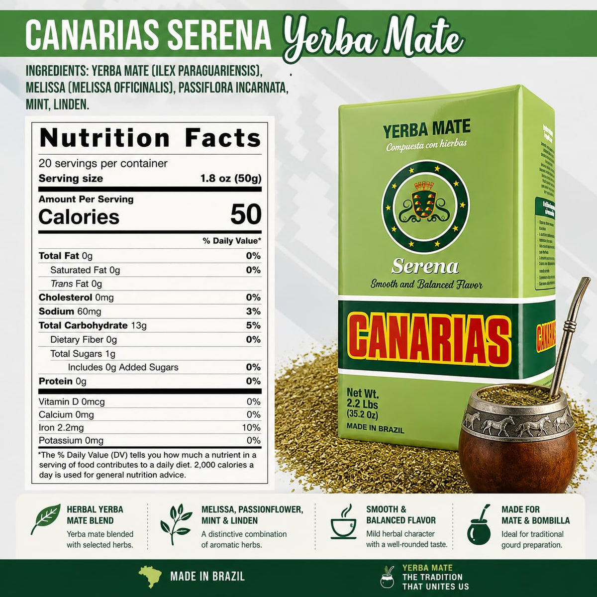 Canarias Serena Yerba Mate Herbal Ground Leaf Tea 1kg 2.2Lbs
