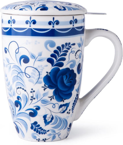 GBhome Tea Mug with Infuser and Lid, 18 Ounce Large Ceramic Loose Leaf Cup, Microwave, Dishwasher Safe, Perfect for Tea Lovers