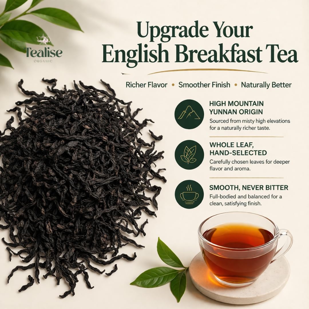 Organic English Breakfast Black Tea – High Mountain Yunnan Whole Leaf Tea – Bold, Smooth & Full-Bodied Morning Tea – 1 lb (454g) Bulk Loose Leaf – USDA Organic – Tealise