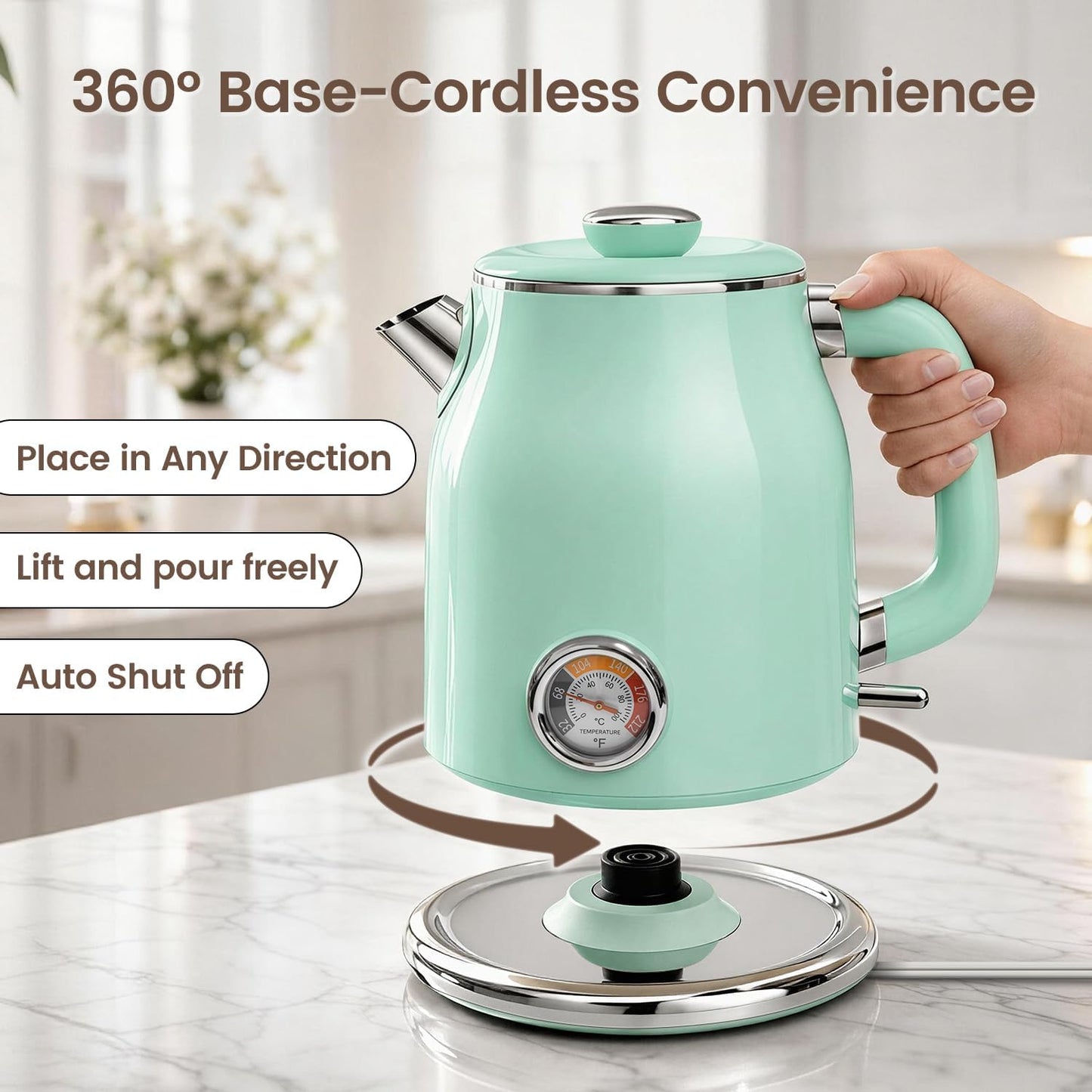 Mecity Retro Electric Kettle 1.7L, Stainless Steel Interior, Food-Grade Silicone Water Contact, Double Wall Cool Touch, 1500W Fast Boil, Thermometer (°F/°C), Wide Opening, Cream