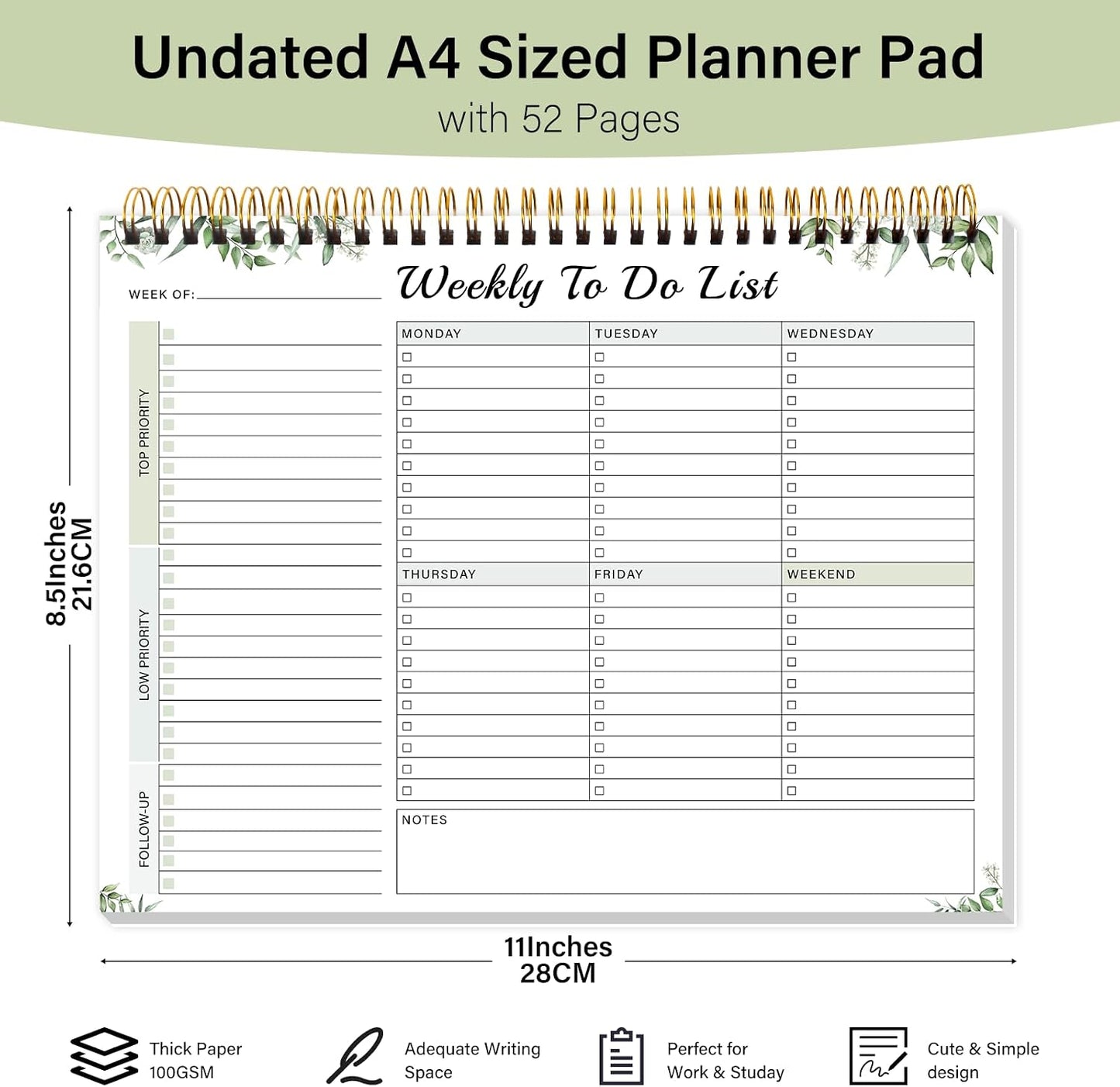 Weekly To Do List Notepad with 52 Undated Sheets（8.5"×11"）- Weekly Desk Planner Pad with Spiral Binding for Women & Man, Office, School and Home Personal Organizer