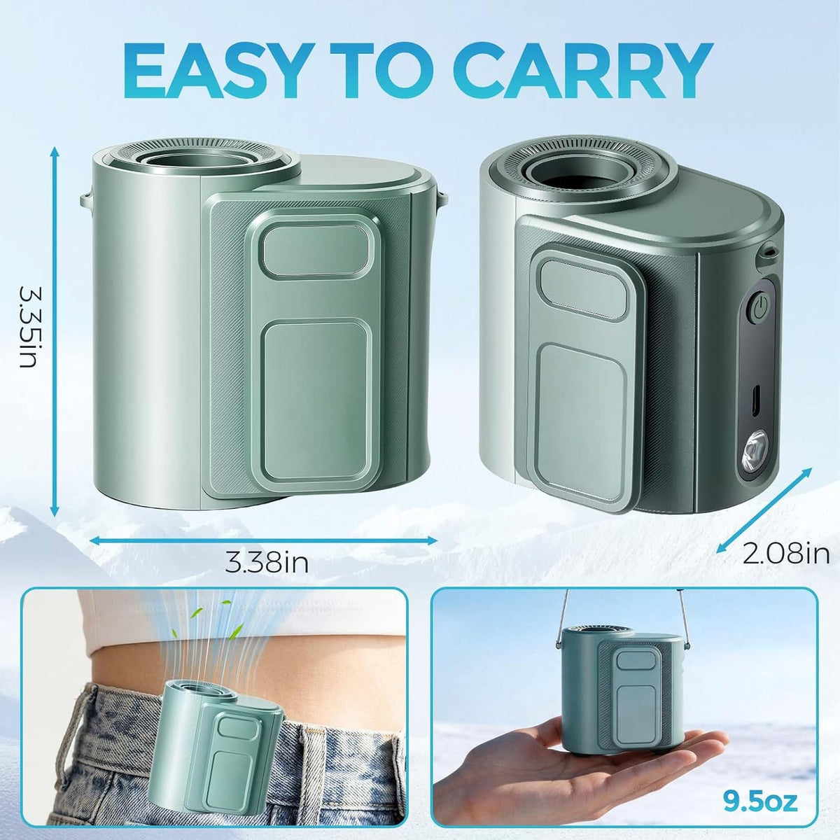 Realis Portable Waist Fan, 5-Speed 15000RPM Rechargeable Personal Clip on Belt Fan with 8000mAh Battery, Hands-Free Neck Fan & Flashlight, Wearable Cooling for Outdoor, Camping, Jobsite, Dark Green