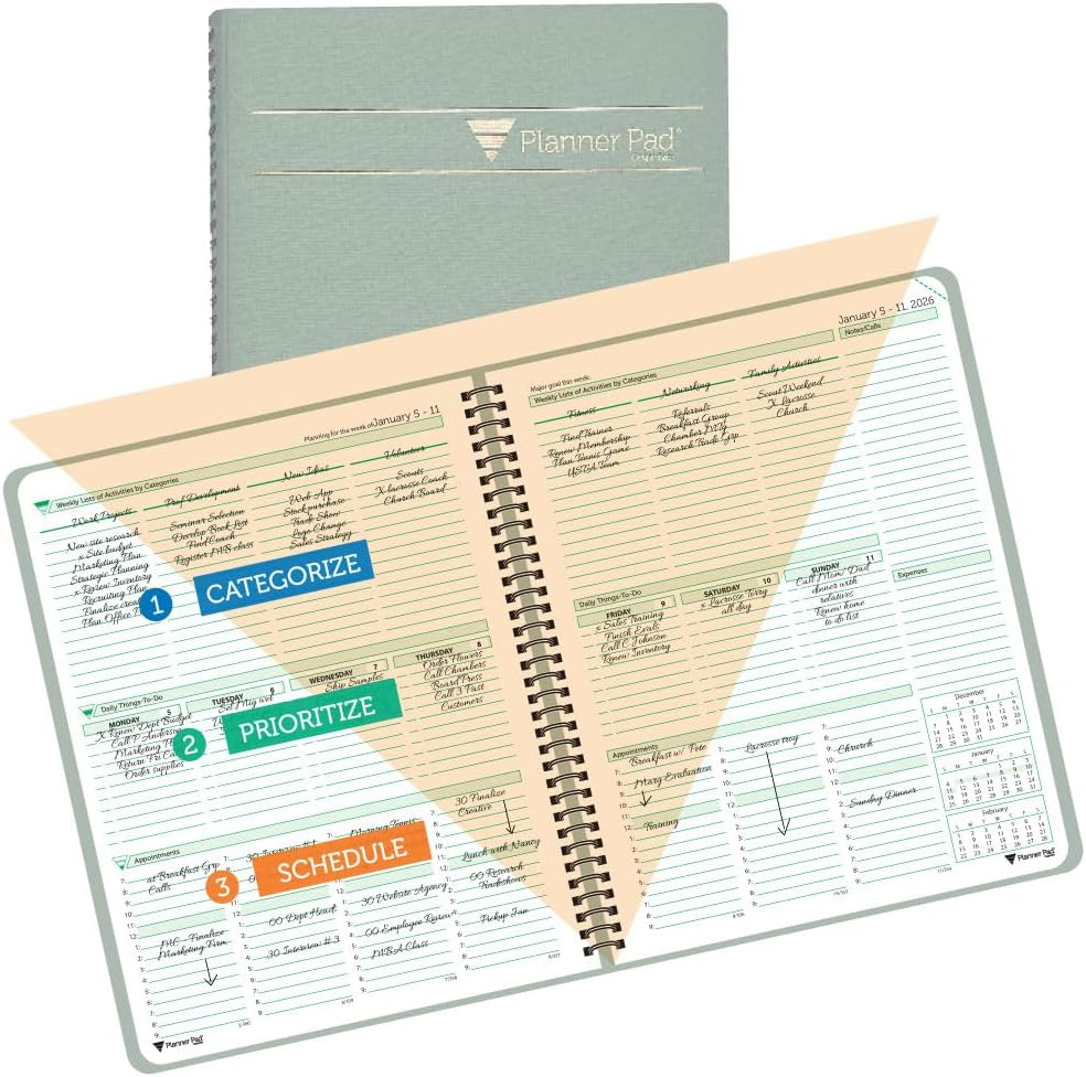 Planner Pad Spiral Bound July 2026 – June 2027 / Academic Year 8 1/2" x 11" Large 3-Tier Funnel Down 12 Month/Weekly Size Organizer, Greenish Grey Cover/Soft Green Ink