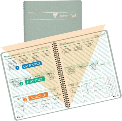 Planner Pad Spiral Bound July 2026 – June 2027 / Academic Year 8 1/2" x 11" Large 3-Tier Funnel Down 12 Month/Weekly Size Organizer, Greenish Grey Cover/Soft Green Ink
