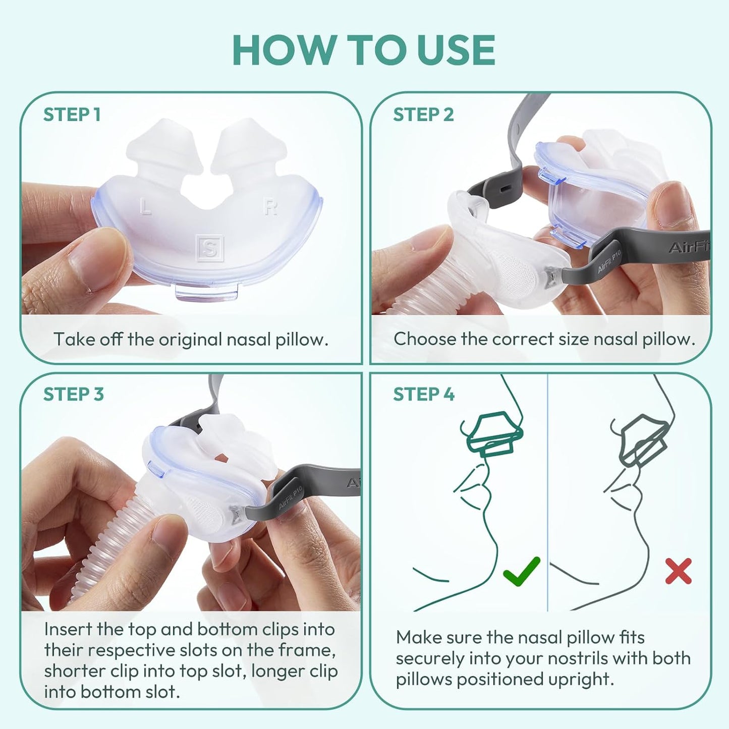 3 Packs Replacement Nasal Pillow Cushion for ResMed AirFit P10, Ultra-Soft Silicone, Better Sealing, Minimize Leakage, Reduce Pressure Points, CPAP Supplies Accessories, Size Large