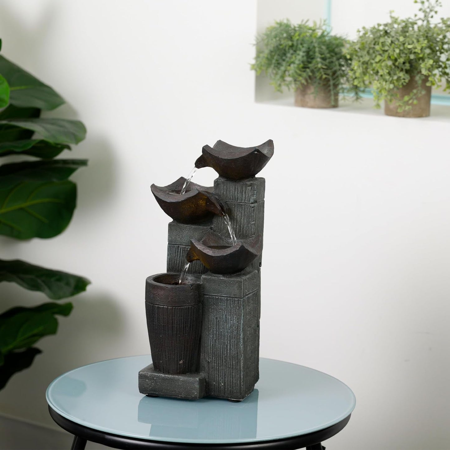 Alpine Corporatio 14" Tall Stoned Jar Cascading Water Fountain with LED Lights, Elegant Tabletop Water Feature for Home, Office, Living Room, and Bedroom Decor, Gray