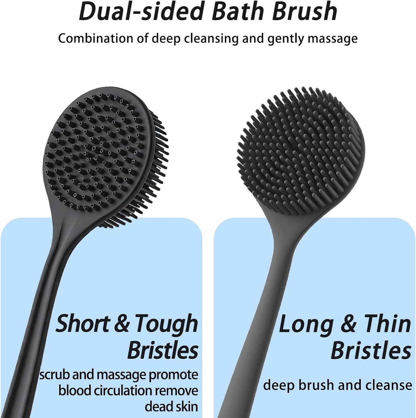 Silicone Back Scrubber for Shower, 17in Lengthen Long Handle Body Brush, Double Sided Shower Brush for Shower Exfoliating and Massage,Includes 2 Hooks (Black)
