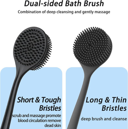 Silicone Back Scrubber for Shower, 17in Lengthen Long Handle Body Brush, Double Sided Shower Brush for Shower Exfoliating and Massage,Includes 2 Hooks (Black)