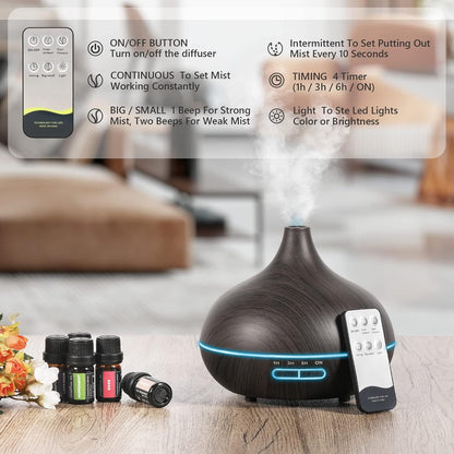 SACATR 500ml Essential Oil Diffuser with 15 Essential Oils, Ultrasonic Cool Mist Humidifier, Remote Control, 4 Timers, 15 Color Lights, Auto Shut-Off