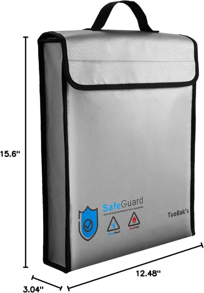 TuoBak's Fireproof Waterproof Document Bag with Zipper,Heat Insulated Upgraded Fireproof Document Bag 15.8”x 12.6”×2.5” for Important Document Storage Organizer for Valuables, Legal Documents Safe