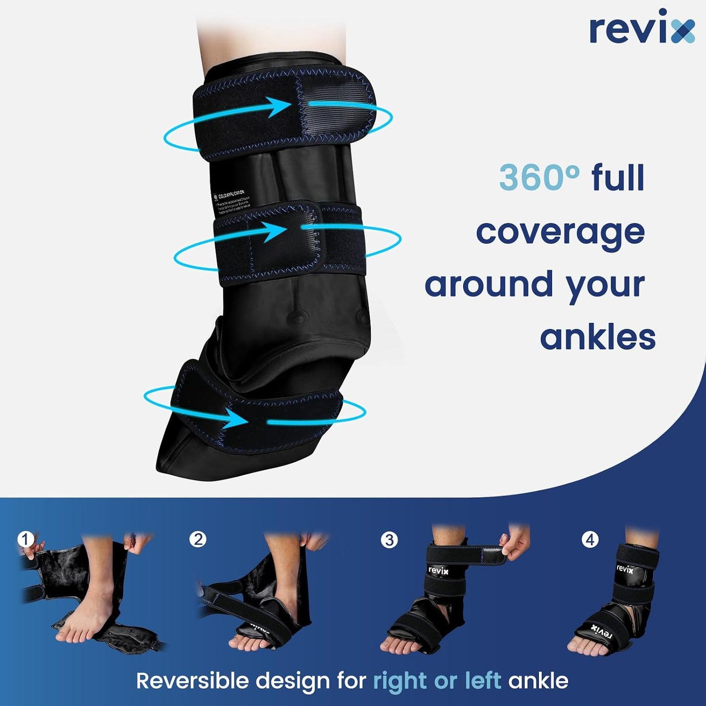 REVIX Ankle Ice Pack Wrap for Foot Pain Relief and Feet Injuries, Reusable Gel Ice Cold Packs for Achilles Tendonitis, Plantar Fasciitis, Sprained Ankles and Heels