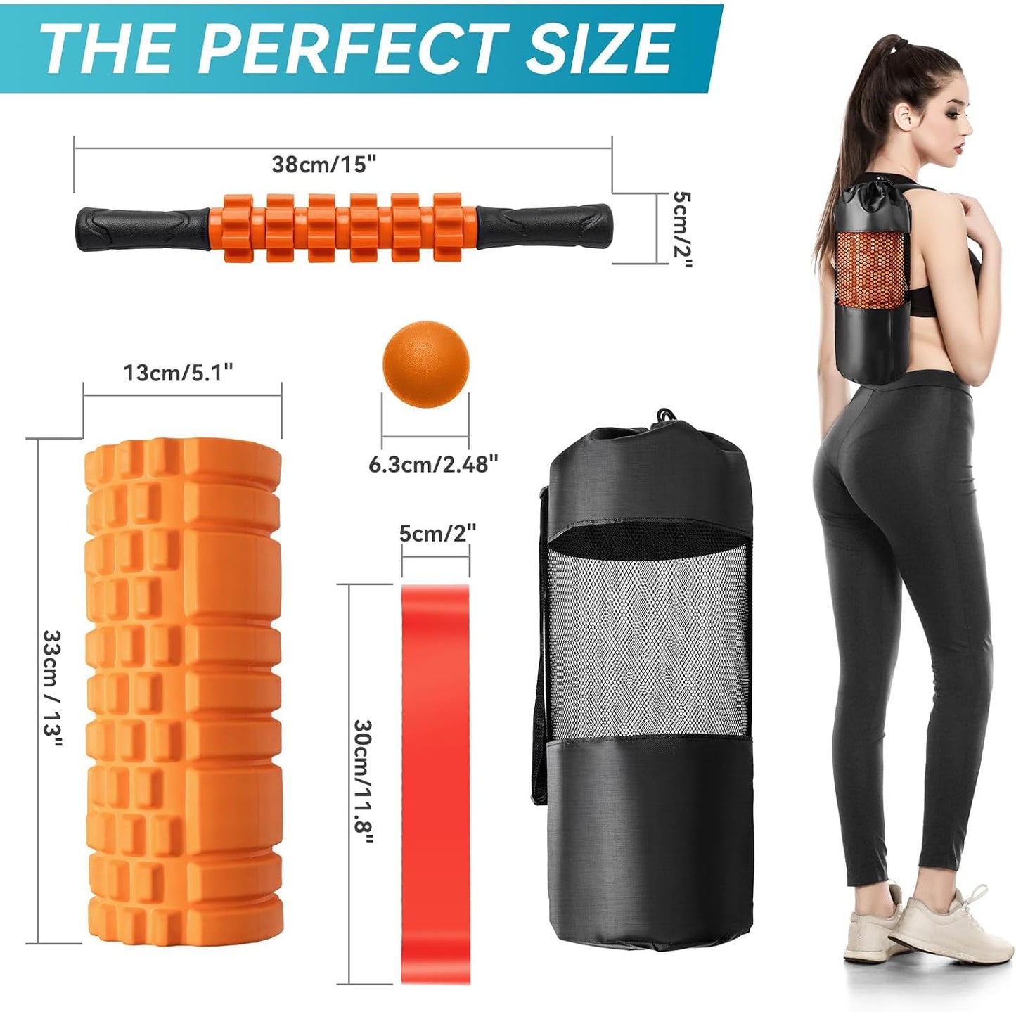 Krightlink 5 in 1 Foam Roller Set for Deep Tissue Muscle Massage, Trigger Point Fitness Exercise Foam Roller, Massage Roller, Massage Ball, Stretching Strap, for Whole Body (Orange Black)