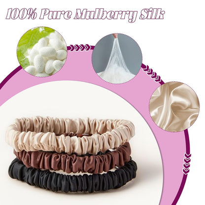 4Pcs Mulberry Silk Scrunchies Set, Silk Hair Ties Elastic for Women, Skinny Scrunchies Reduces Breakage for All Hair Types