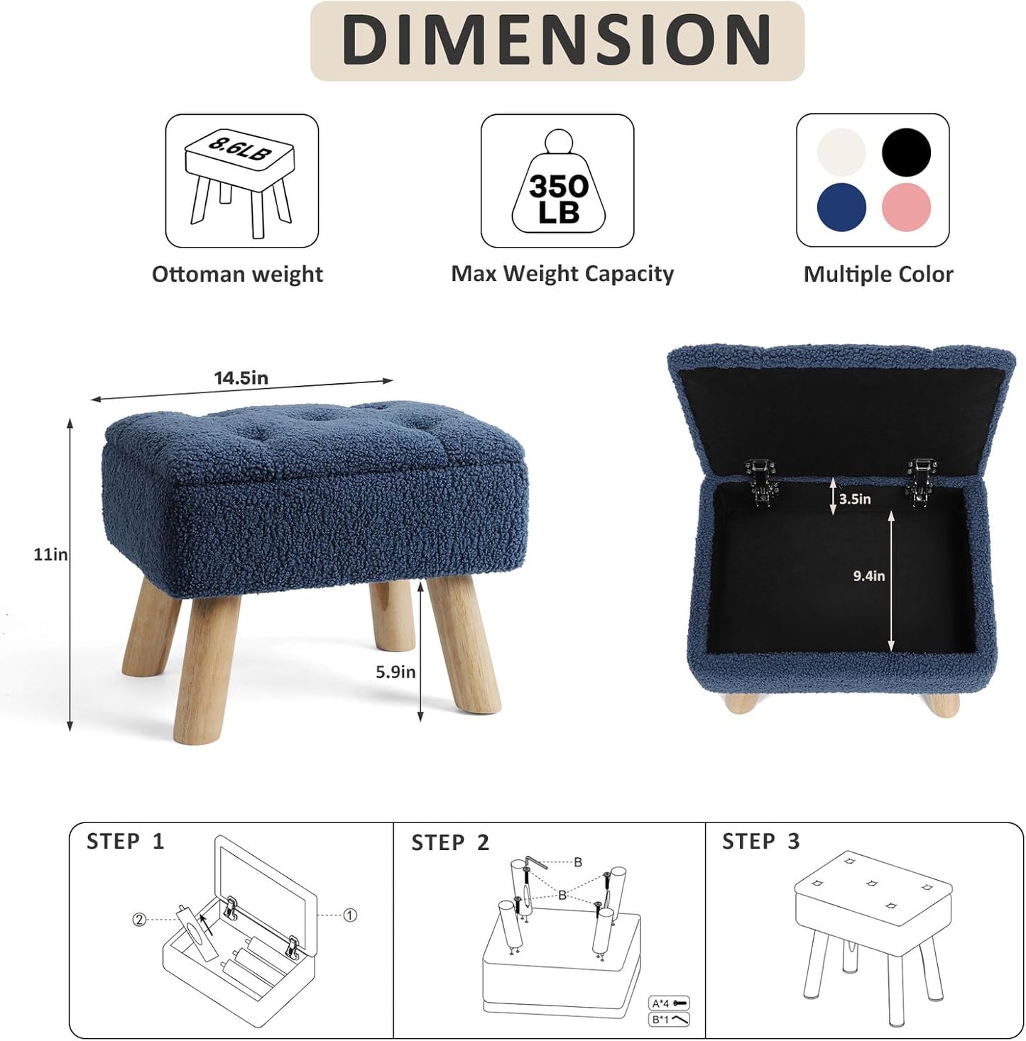 OGEMXU Storage Ottoman, Small Foot Stool Ottoman with Storage, Boucle Teddy Velvet Foot Rest with Padded Seat, Sturdy Wood Legs Stool for Living Room, Bedroom, Couch, Enterway (Cream)