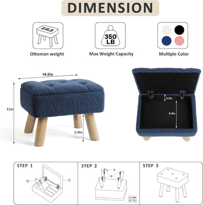 OGEMXU Storage Ottoman, Small Foot Stool Ottoman with Storage, Boucle Teddy Velvet Foot Rest with Padded Seat, Sturdy Wood Legs Stool for Living Room, Bedroom, Couch, Enterway (Cream)