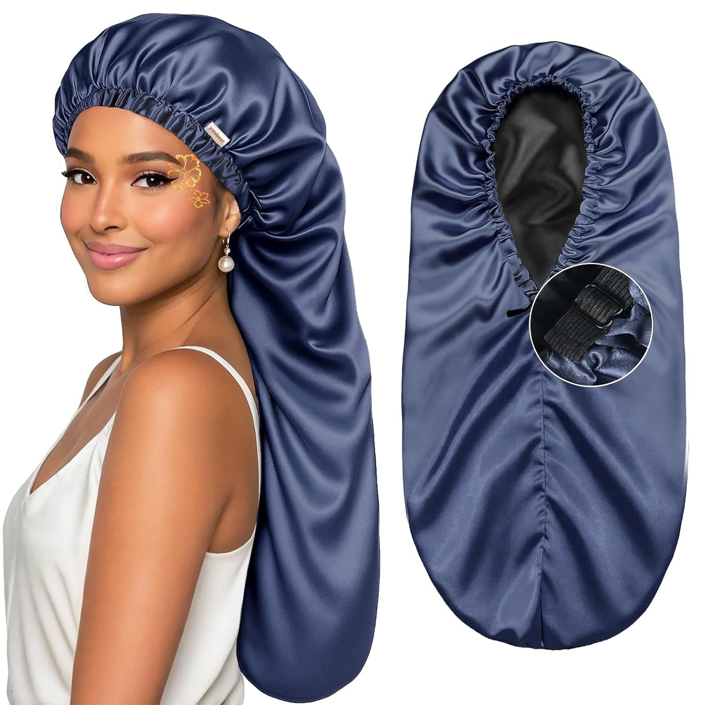 YANIBEST Satin Sleep Bonnet for Natural Hair - Extra Double Layer Long Adjustable Silk Hair Bonnet for Braids, Locs, Curls - Women’s Night Hair Protection Cap