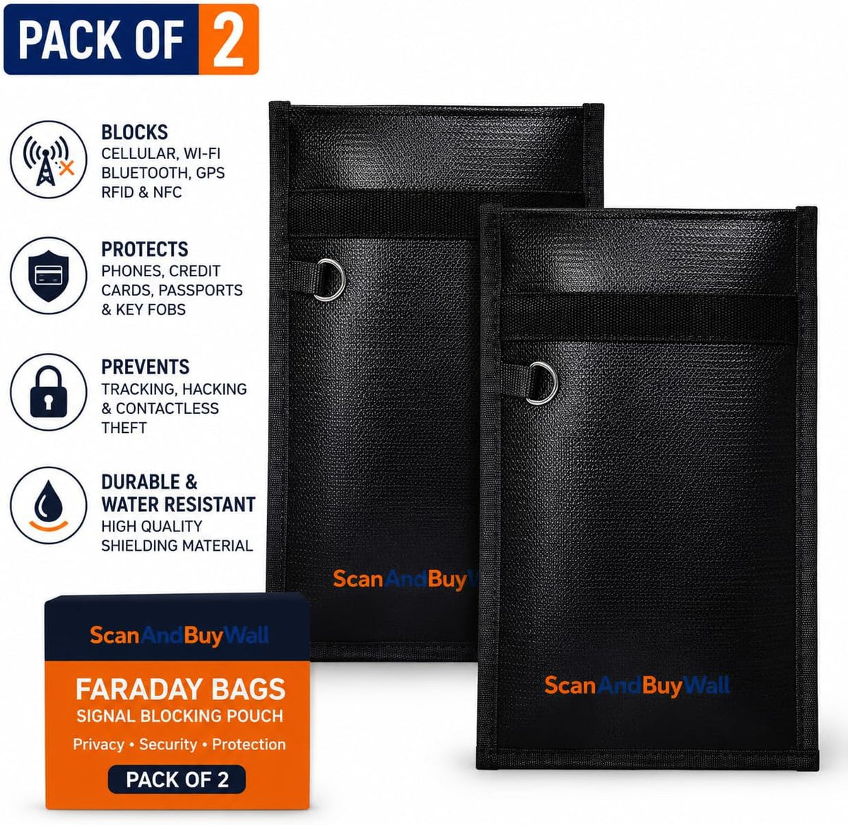 Faraday Bag for Phones (2 Pack) – Signal Blocking Pouch - Blocks Cell WiFi Bluetooth GPS RFID & NFC - Privacy Protection Faraday Phone Bag for Phones Credit Cards Passports & Key Fobs – 7.9" x 4.7"