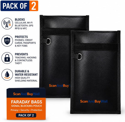 Faraday Bag for Phones (2 Pack) – Signal Blocking Pouch - Blocks Cell WiFi Bluetooth GPS RFID & NFC - Privacy Protection Faraday Phone Bag for Phones Credit Cards Passports & Key Fobs – 7.9" x 4.7"