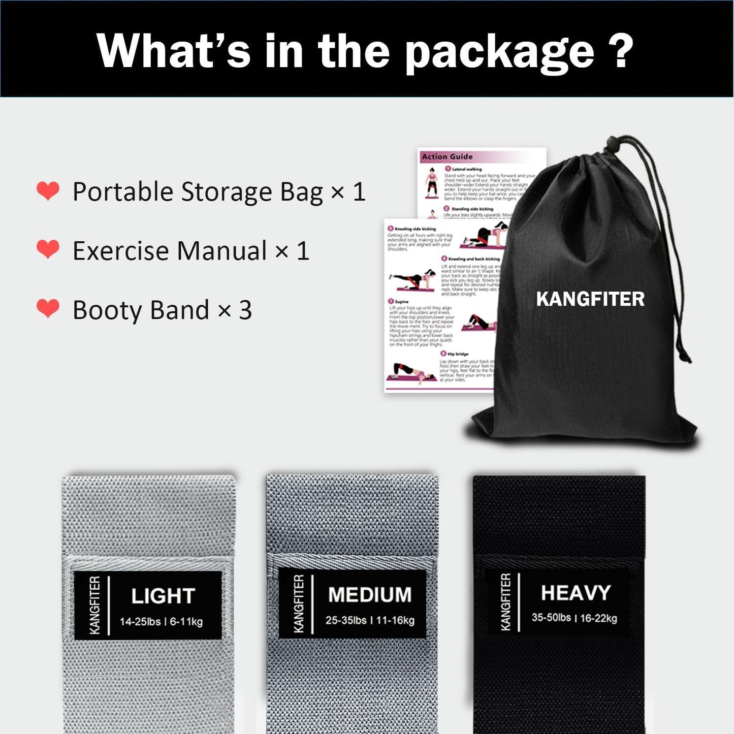 KANGFITER Non-Slip Fabric Resistance Bands for Working Out 3 Levels