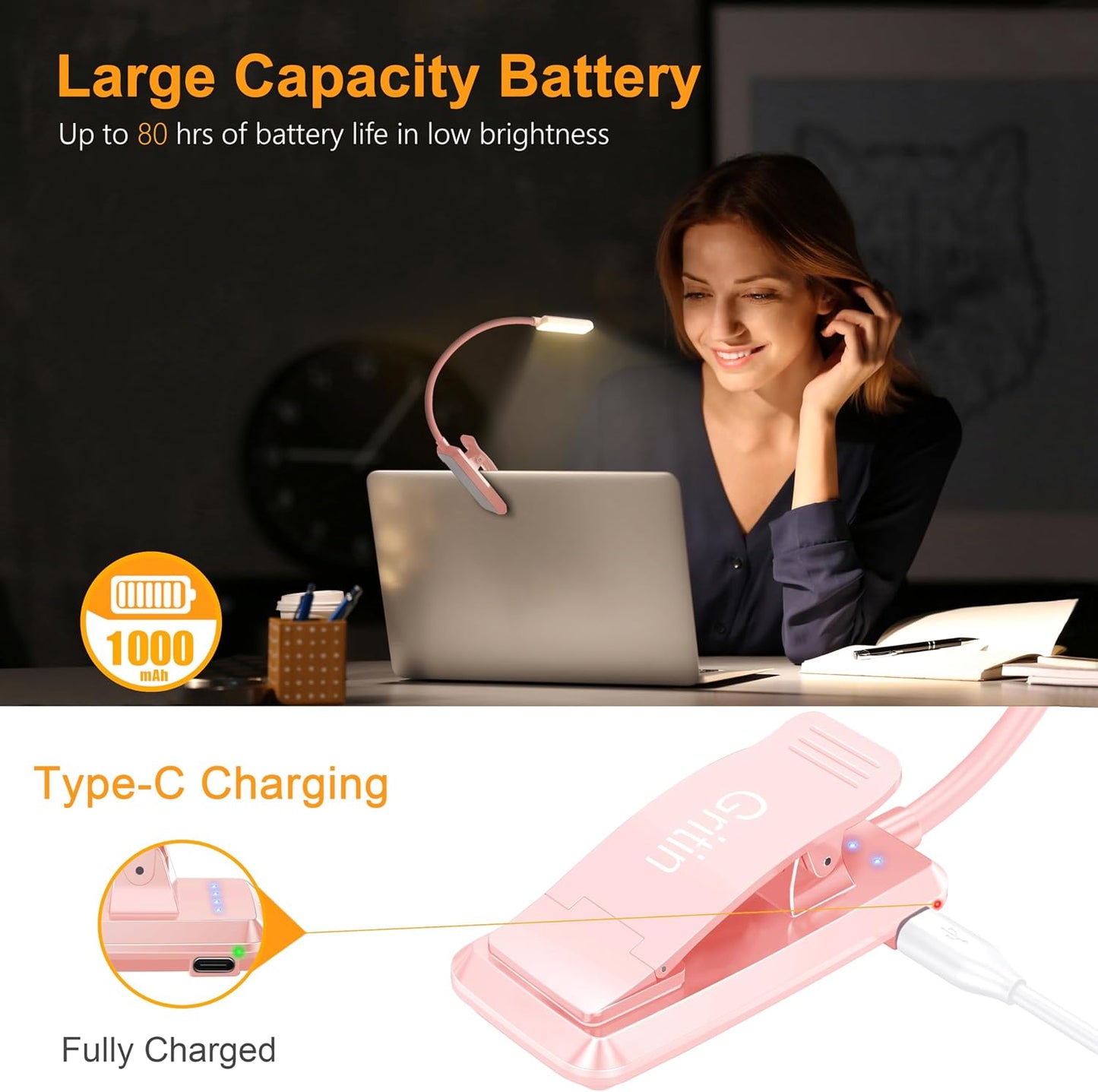 Gritin 9 LED Rechargeable Book Light for Reading in Bed | Eye Caring 3 Color Temps,Stepless Dimming Brightness,80 Hrs Runtime Small Lightweight Clip On Book Reading Light for Studying