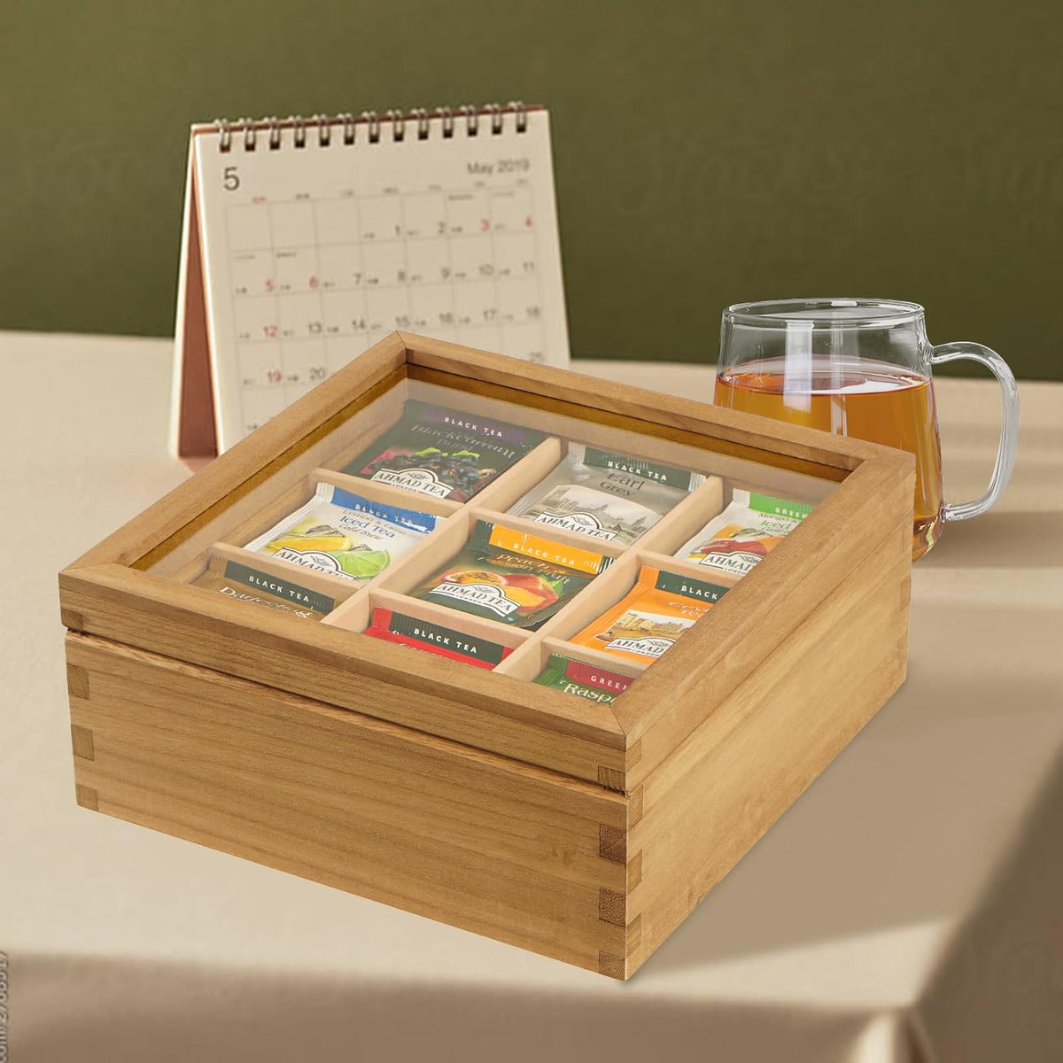 Wood Tea Bag Organizer, 6 Compartment Multi-Functional Tea Box and Storage Organizer for Tea Bags, Tea Container for Tea Lovers