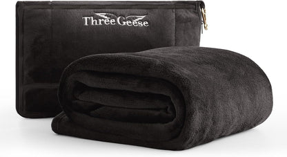 Three Geese Travel Blanket & Pillow 2-in-1 – Ultra-Soft Fleece Airplane Blanket 65"x40", Compact Carry Case with Luggage Sleeve & Backpack Clip, Lightweight Travel Essentials for Flight, Camping, Car
