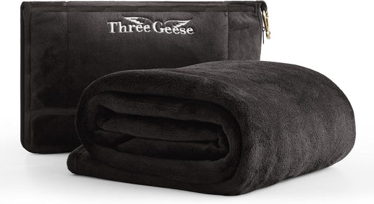 Three Geese Travel Blanket & Pillow 2-in-1 – Ultra-Soft Fleece Airplane Blanket 65"x40", Compact Carry Case with Luggage Sleeve & Backpack Clip, Lightweight Travel Essentials for Flight, Camping, Car