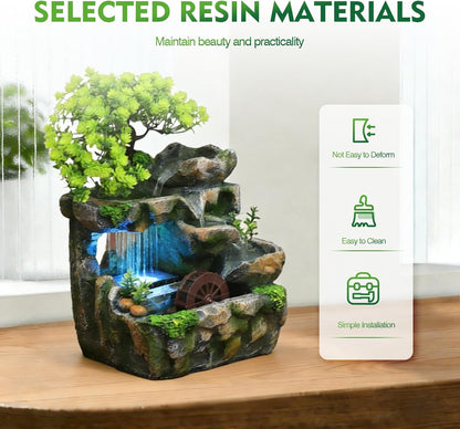 Tabletop Waterfall Fountain with Flowing Water & LED Lights – Indoor Resin Rockery Desk Fountain for Home, Office, Bedroom Relaxation & Decoration, Mini Desktop Water Featur