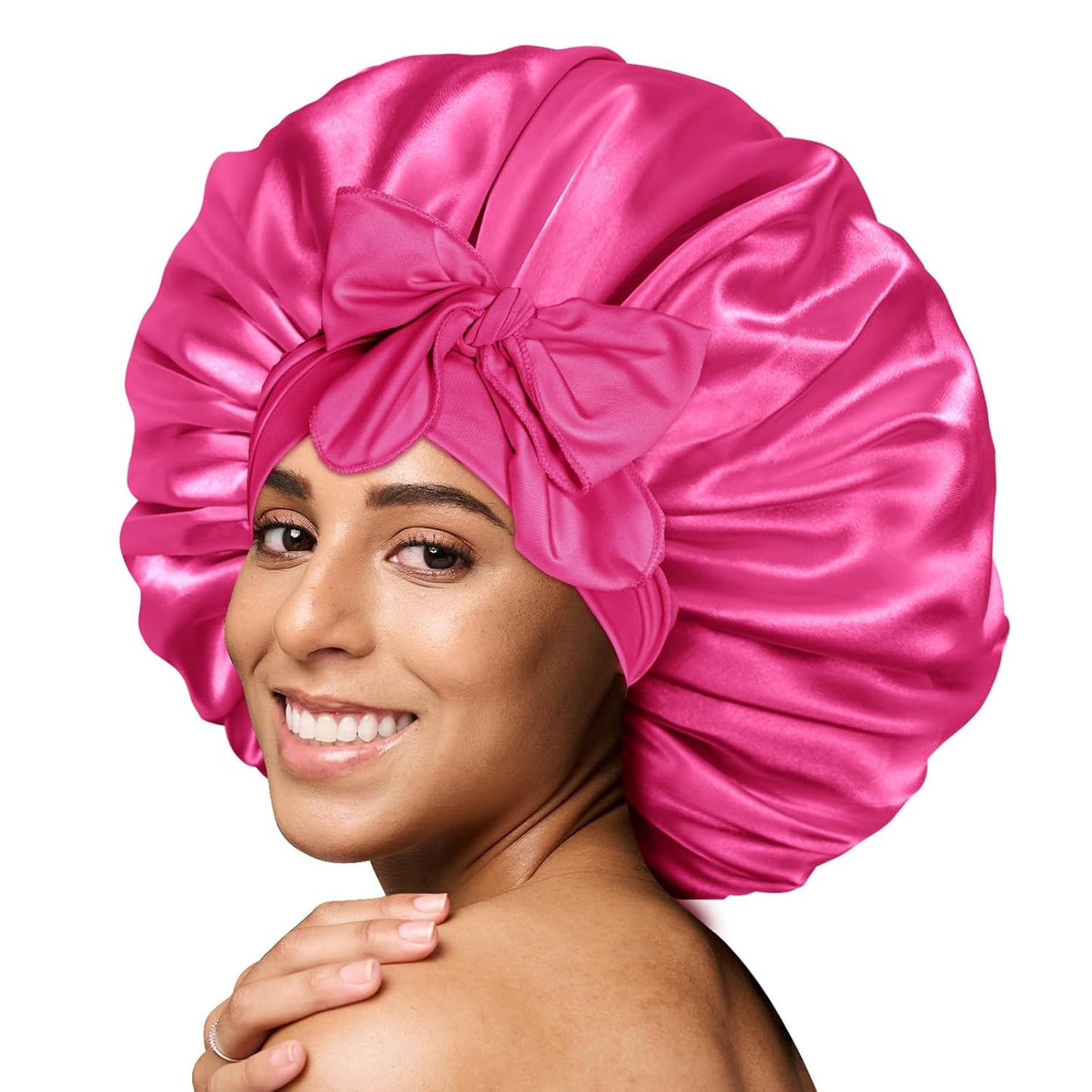 BONNET QUEEN Silk Bonnet for Sleeping for Women Satin Bonnet Night Cap for Curly Hair with Tie Band, Single Layer, Cream Pink