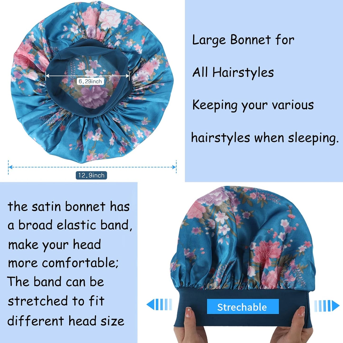 3 Pack Satin Bonnet Silk Hair Bonnet for Sleeping, Sleep Bonnets for Women Large Wide Soft Band Sleep Cap for Curly Hair Braids