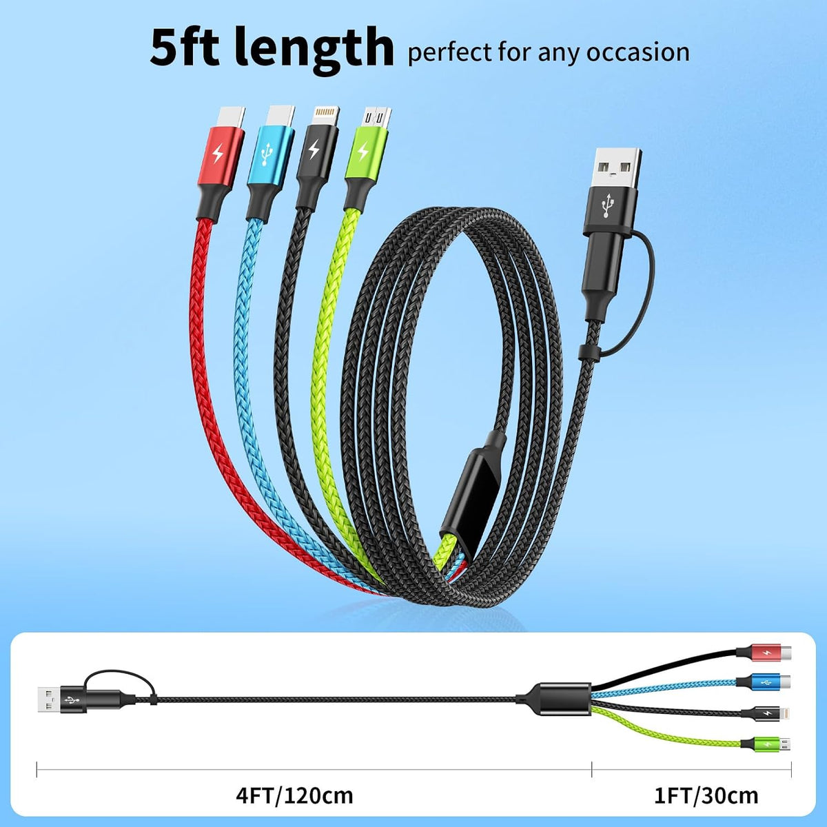 4 in 1 Multi Charging Cable, 5FT Charging Cords for Multiple Devices