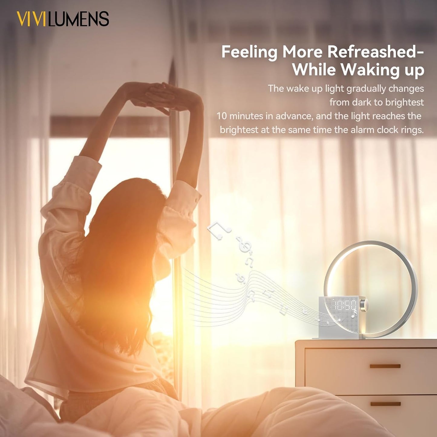 Vivilumens Sunrise Alarm Clock Sound Machine Nightlight, Gradual Wake Up Light, Digital Dimmable Clock, 10 White Noise Sleep Sounds, Snooze, Dual Clocks for Heavy Sleeper Adult, Decor Gifts for Women