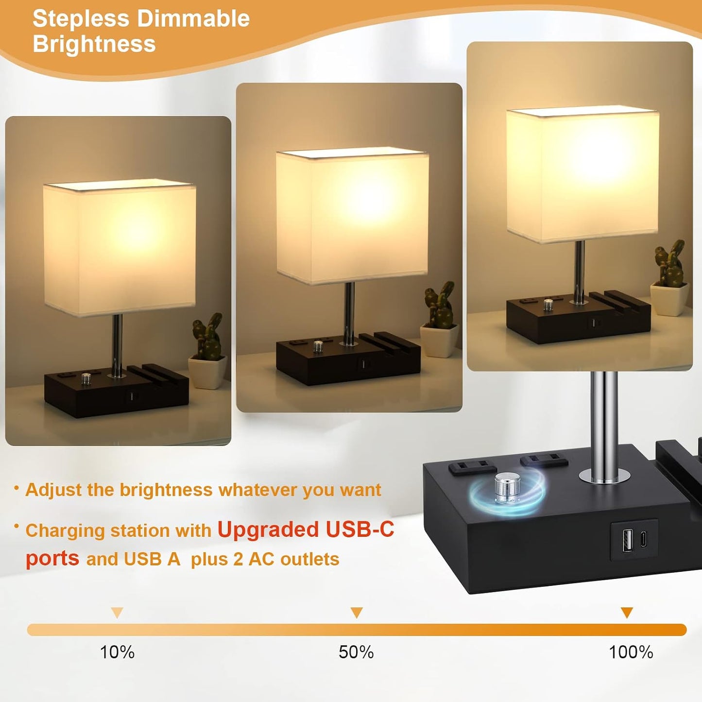 Kakanuo Fully Dimmable Nightstand Lamp for Bedroom with USB C Ports, Grey Small Bedside Table Lamp with Charging Outlets and Phone Stands, Wooden Desk Lamp for Living Room, LED Bulb Included