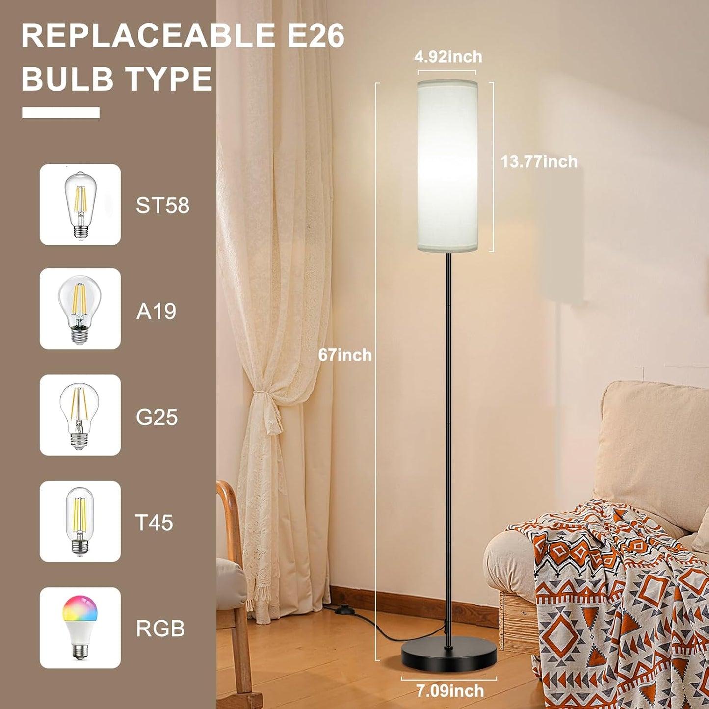 FRIDEKO HOME Floor Lamp, 9W 800LM Color Changing Smart Bulb, Beige Shade