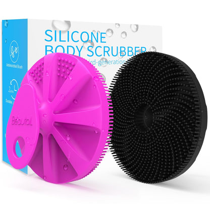 Silicone Body Scrubber 2 Pack, BEAUTAIL Shower Bath Scrubber, More Hygienic Than Traditional Loofah, Lather Nicely, Gentle Exfoliating Brush for Women Men Baby Sensitive Skin, Black+Purple