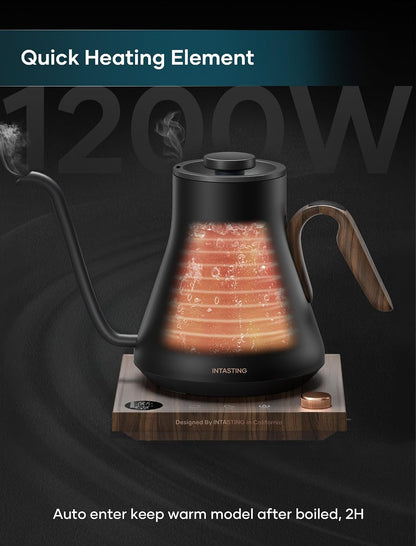 INTASTING Electric Kettle, Gooseneck Electric Kettle, ±1℉ Precise Temperature Control, Stainless Steel Interior, Quick Heating for Pour Over Coffee, Tea & Boiling Water, 0.9L (Black)