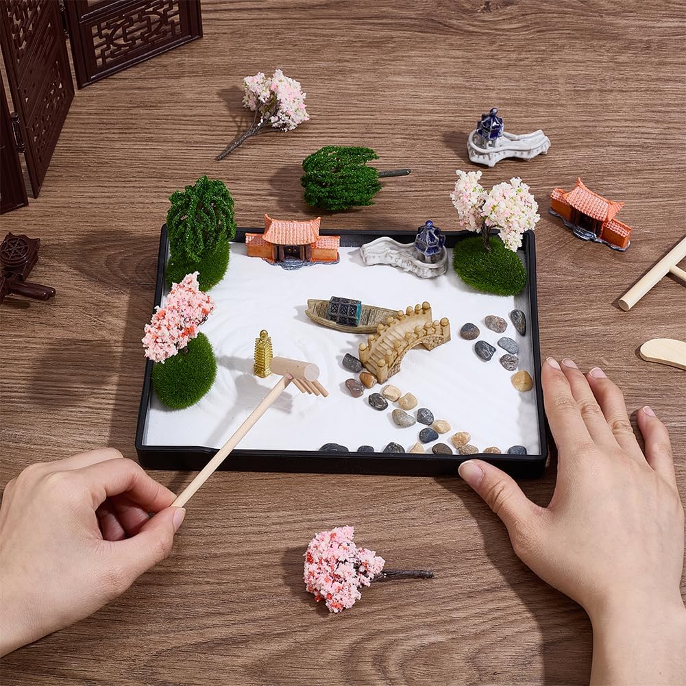 WEBEEDY Zen Garden Kit for Desk,Mini Japanese Desktop Sandbox Include Rakes,Artificial Tree,Pagoda,Bridge for Office Home Desktop Relaxation Decor,8.3x6.2/21x15.7cm Rectangular Tray