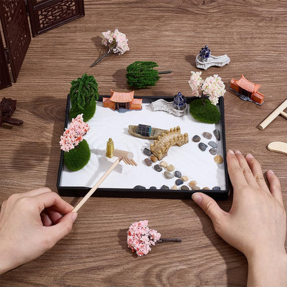 WEBEEDY Zen Garden Kit for Desk,Mini Japanese Desktop Sandbox Include Rakes,Artificial Tree,Pagoda,Bridge for Office Home Desktop Relaxation Decor,8.3x6.2/21x15.7cm Rectangular Tray