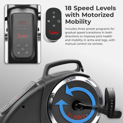 Sunny Health & Fitness Smart Motorized 2-in-1 Pedal Exerciser, Indoor Compact Under-Desk Mini Bike for Low-Impact Cardio Workout and Physical Therapy, Free SunnyFit Training App Connection