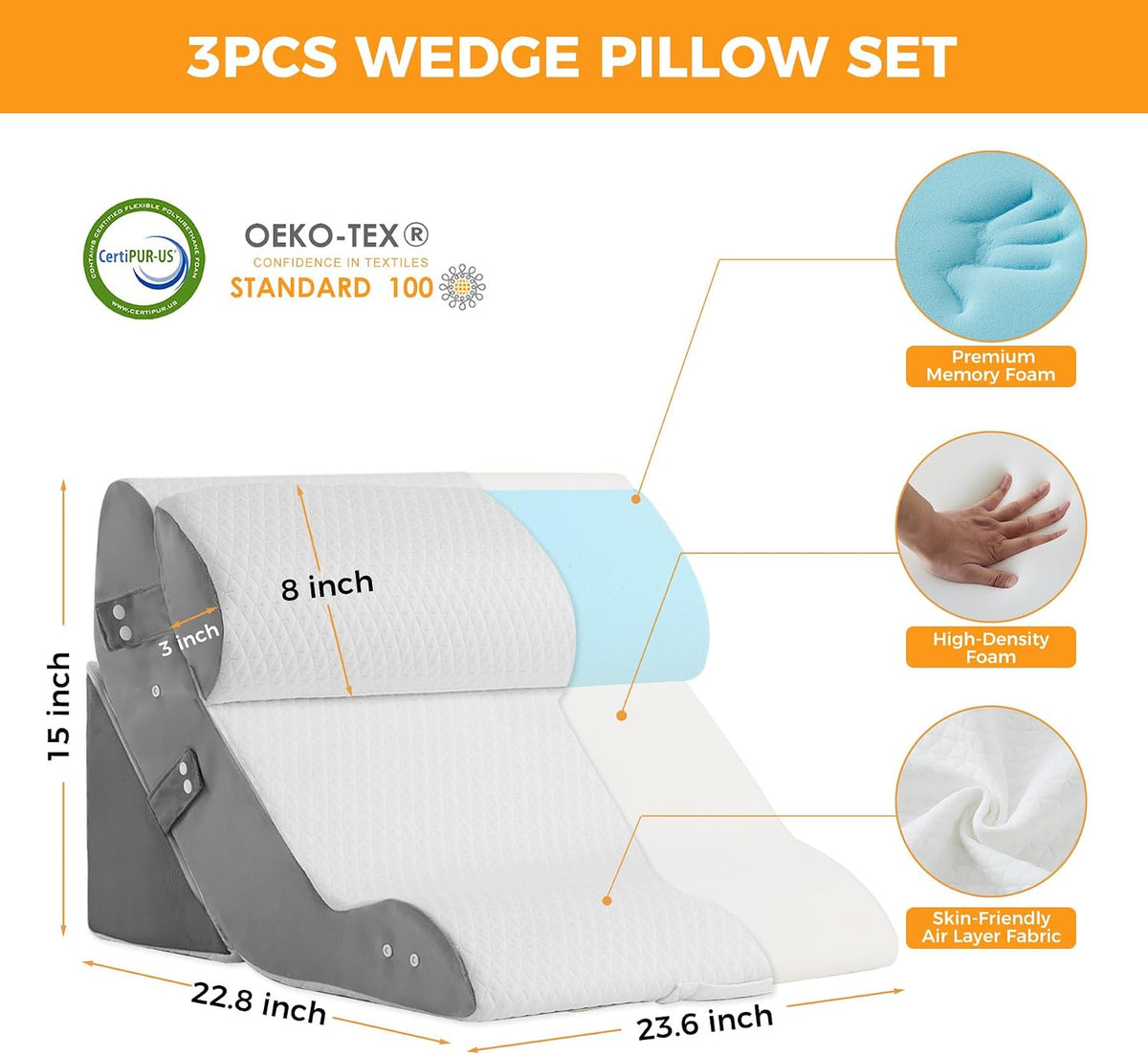 Ruqmuis Wedge Pillow Set for After Surgery, Bed Wedge Pillow, White