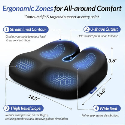 ZIKEE Ergonomic Seat Cushion with Thigh Slope for Long Sitting, Memory Foam Office Chair Cushion for Car, Home, U-Shaped Design Relieves Hip, Tailbone Pain, Non-Slip Sciatica Pain Relief Pillow