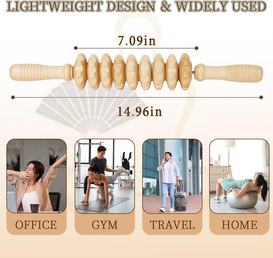 Liitrton Manual Wooden Massage Roller Stick for Muscle Relief, 9‑Wheel