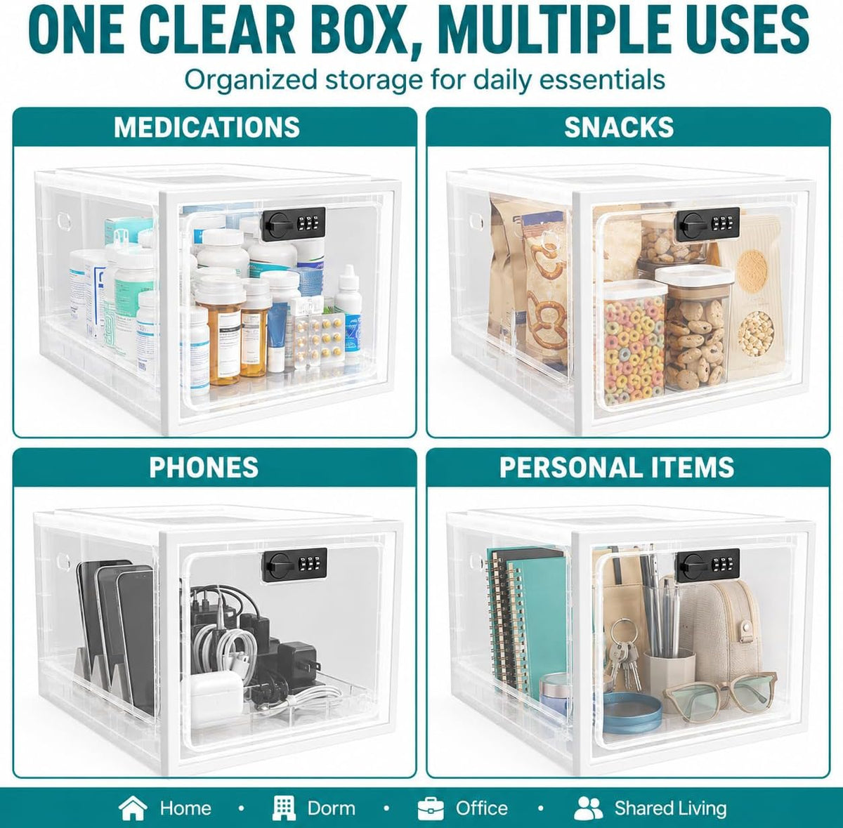 2 Pack Large Medication Lock Box with Code, Clear Lockable Storage Box for Refrigerator, Cabinet & Dorm, Stackable Medicine Box for Prescriptions, Snacks, Phone, 11.9" x 9.3" x 7.6", Black